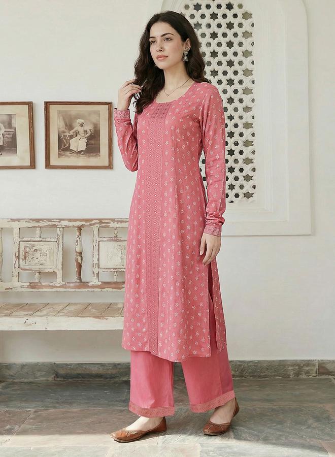 globus Women Pink Ethnic Floral Print Kurta with Wide Leg Pants Set - Image 1